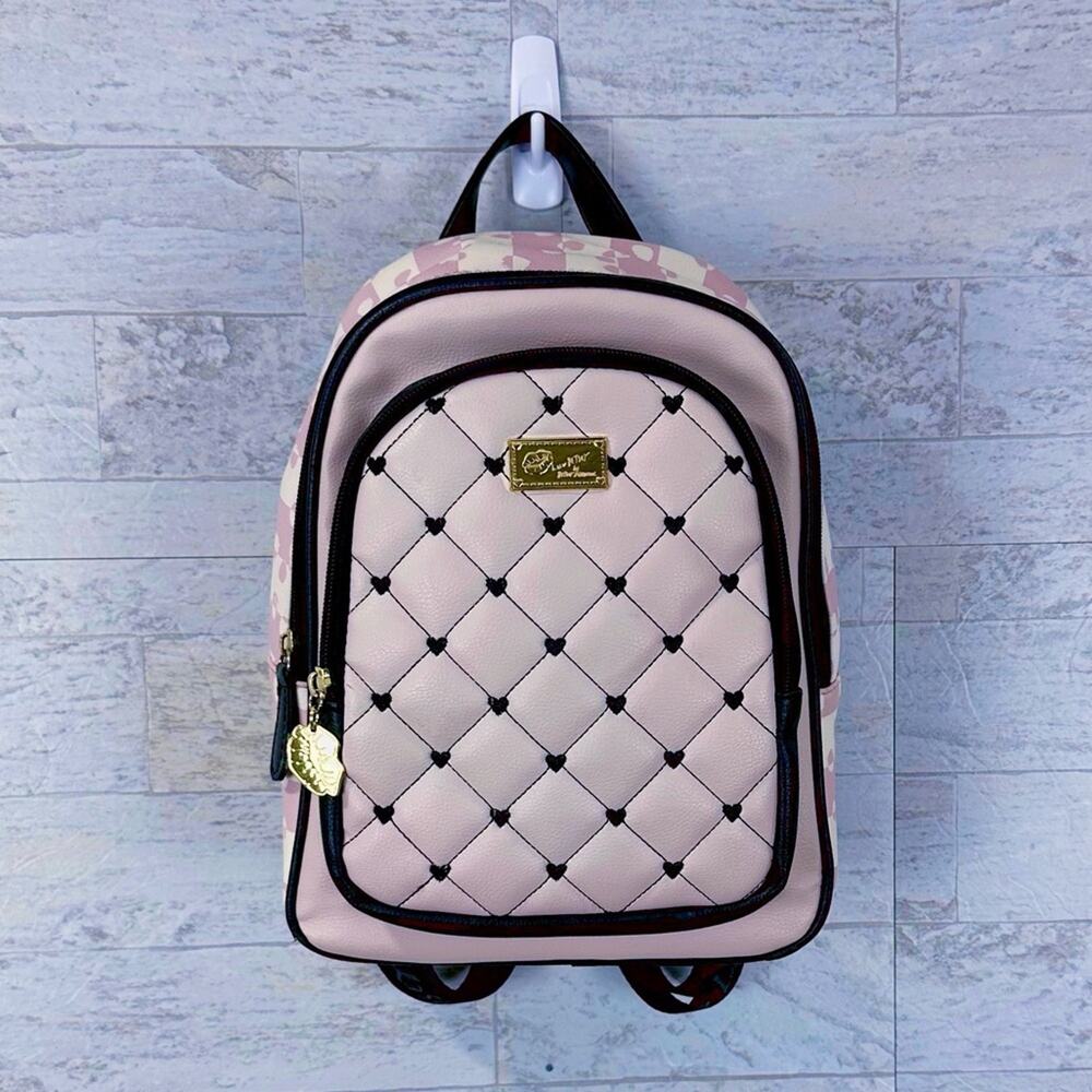 Betsey Johnson pink & black quilted leather mini backpack